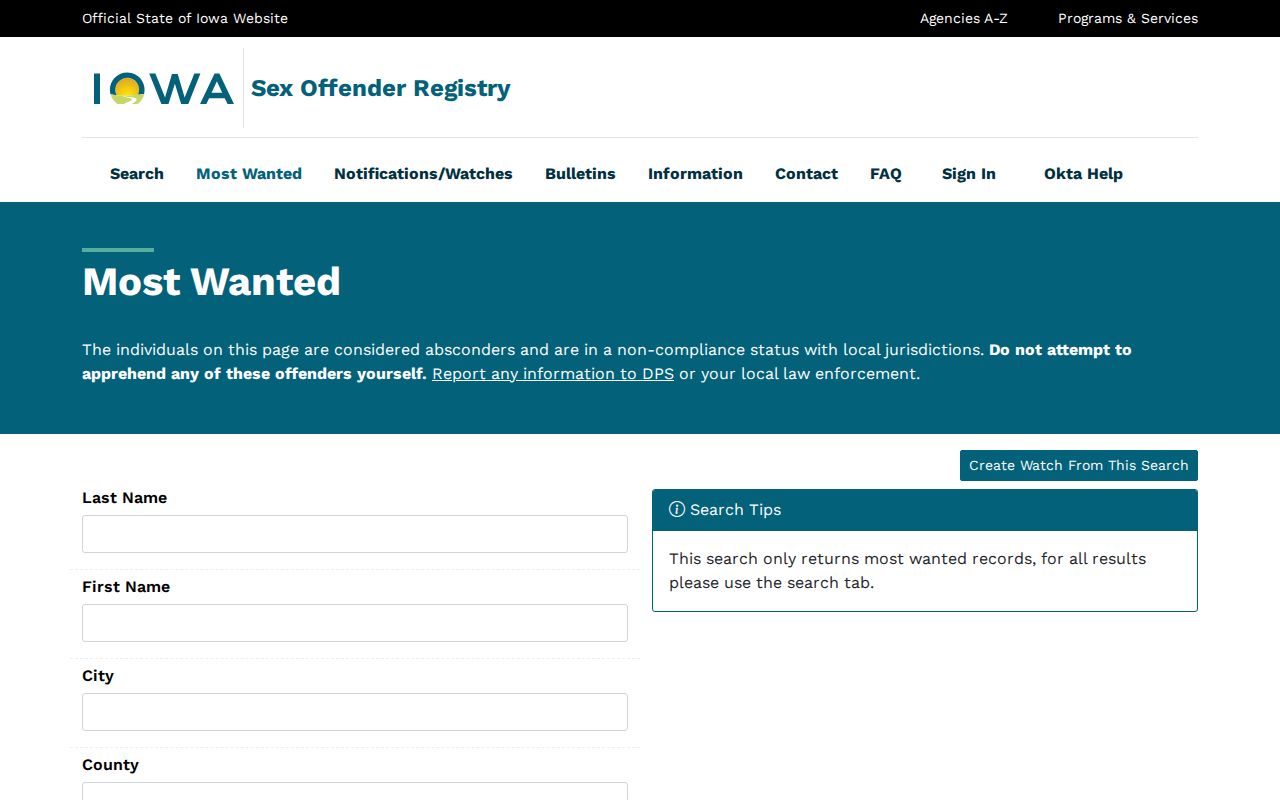 Pottawattamie County sex offender registry most-wanted reporting interface